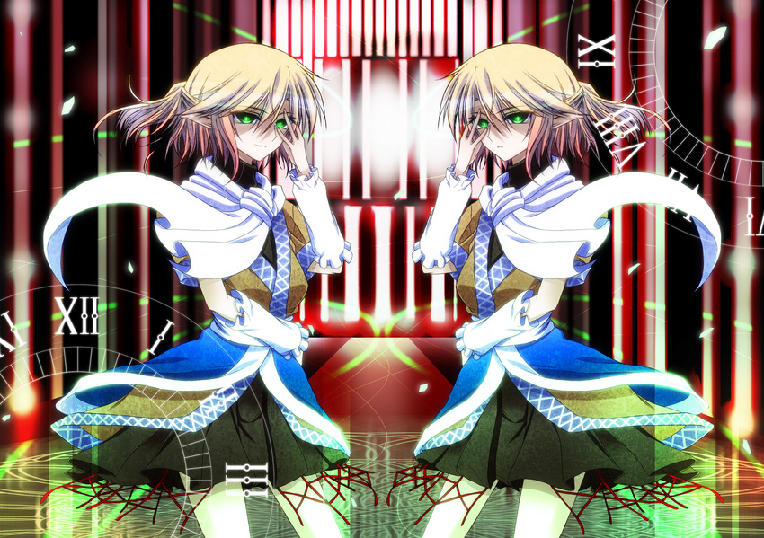 blonde_hair dual_persona green_eyes hazuki_kasane highres mizuhashi_parsee multiple_girls pointy_ears short_hair symmetry touhou