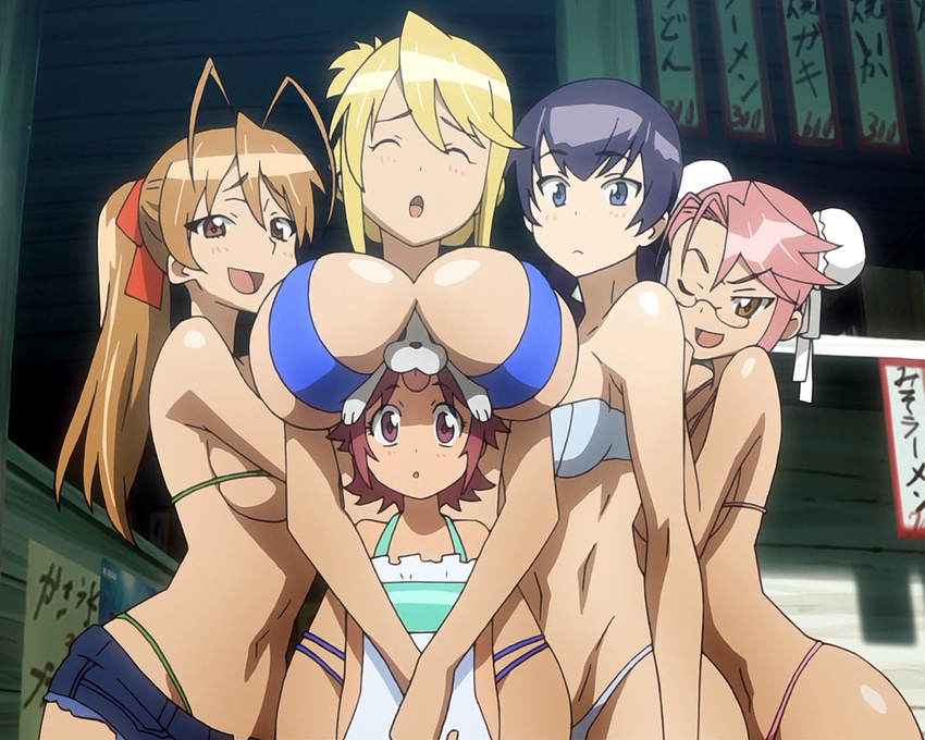 5girls bikini blonde_hair blue_hair breast_rest breasts breasts_on_head brown_hair busujima_saeko dog eyes_closed glasses headboob highres highschool_of_the_dead large_breasts maresato_alice marikawa_shizuka miyamoto_rei multiple_girls swimsuit takagi_saya zeke zeke_(highschool_of_the_dead)