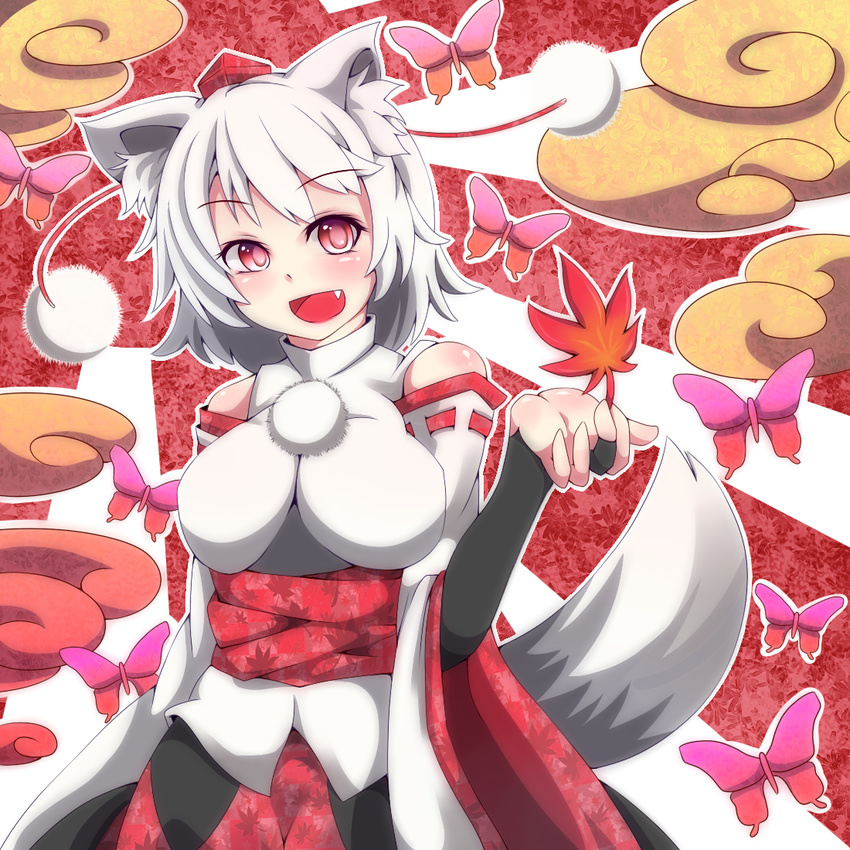 animal_ears ao-0817 bug butterfly fang insect inubashiri_momiji red_eyes solo tail touhou white_hair wolf_ears wolf_tail