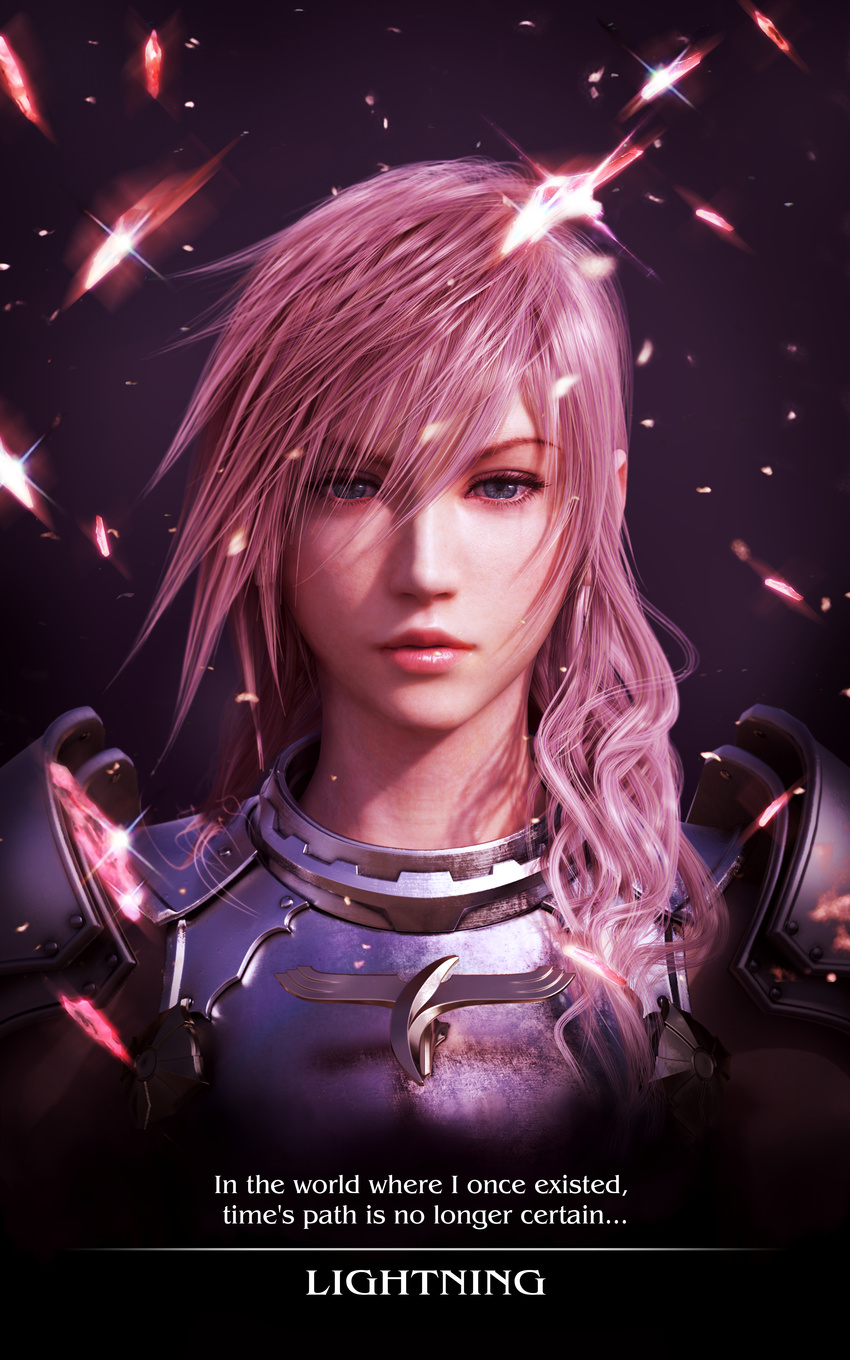 absurdres armor blue_eyes breastplate character_name english feathers final_fantasy final_fantasy_xiii final_fantasy_xiii-2 highres lightning_farron long_hair non-web_source official_art pink_hair solo