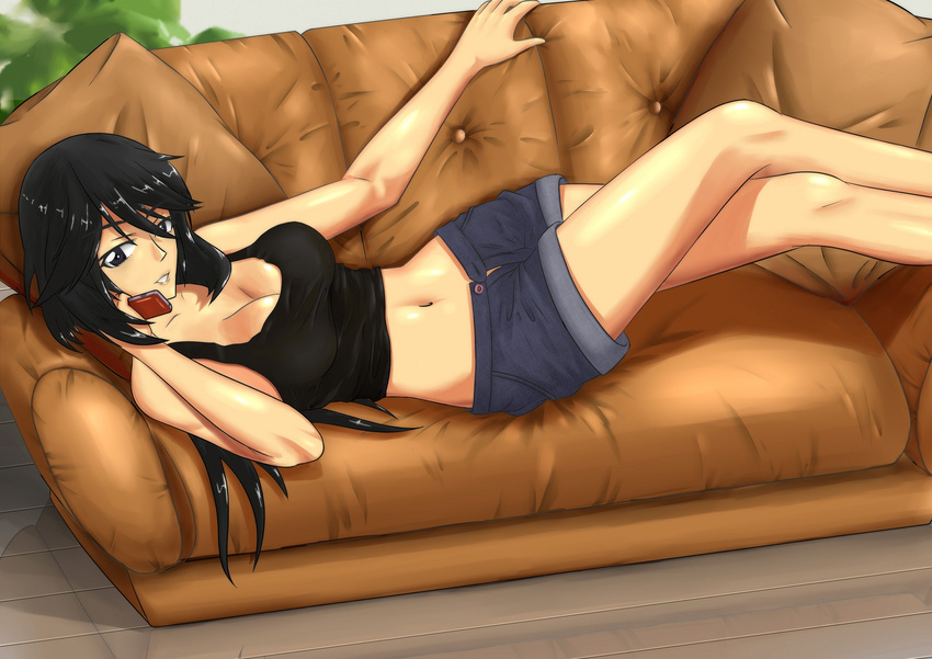 bare_shoulders black_hair breasts cellphone cleavage couch hannibal_(primariest) highres infinite_stratos large_breasts long_hair lying midriff navel open_fly orimura_chifuyu phone pillow shirt short_shorts shorts smile tank_top taut_clothes taut_shirt unzipped