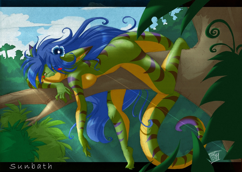 2008 blue_hair breasts chalo female forest geecku green hair hair_flower lens_flare lizard on_front outside scalie side_boob solo stripes sunbathing tail tree yellow_eyes