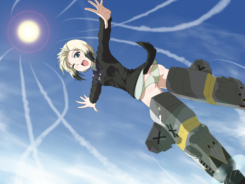 ass bad_id bad_pixiv_id blonde_hair blue_eyes condensation_trail day erica_hartmann flying highres mackey_(mthc_riku) military military_uniform multicolored_hair one_eye_closed open_mouth outstretched_arms panties short_hair sky solo strike_witches striker_unit sun tail two-tone_hair underwear uniform world_witches_series