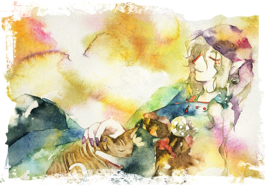 bad_id bad_pixiv_id cat closed_eyes facepaint japanese_clothes kimono kusuriuri_(mononoke) lying male_focus mononoke muttiy obi pointy_ears sash solo traditional_media watercolor_(medium)