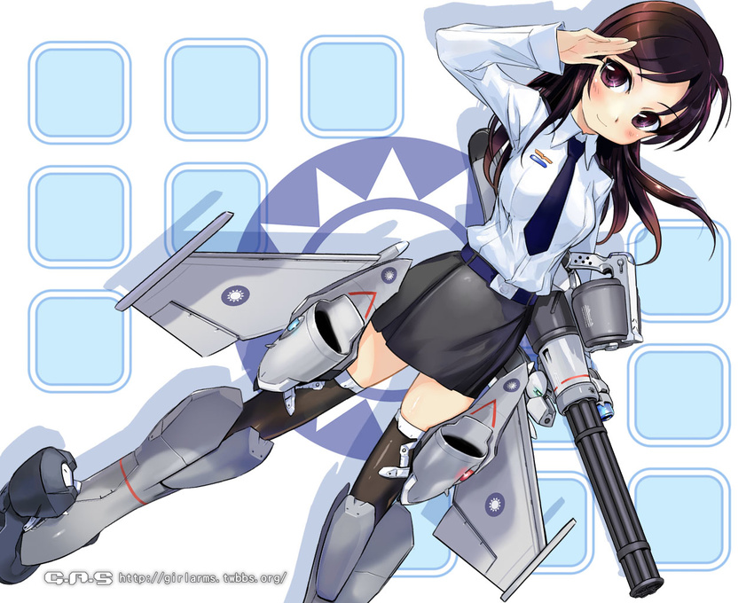 aircraft airplane brown_eyes brown_hair dutch_angle f-ck-1 girl_arms gun jet long_hair mecha_musume military necktie personification salute skirt solo thighhighs wallpaper weapon zeco