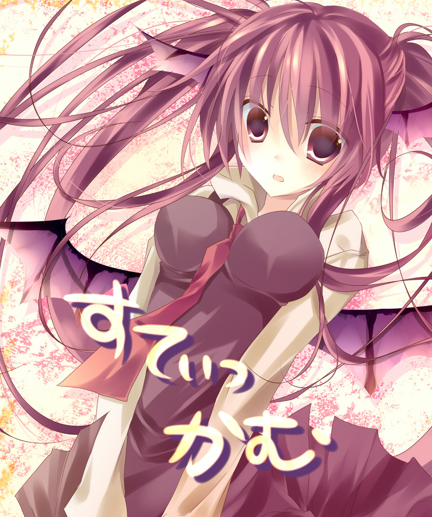 :o bad_id bad_pixiv_id bat_wings between_breasts blush breasts head_wings highres impossible_clothes impossible_shirt kisaragi_kiriha koakuma large_breasts long_hair necktie open_mouth red_eyes red_hair shirt solo stickam touhou vest wings