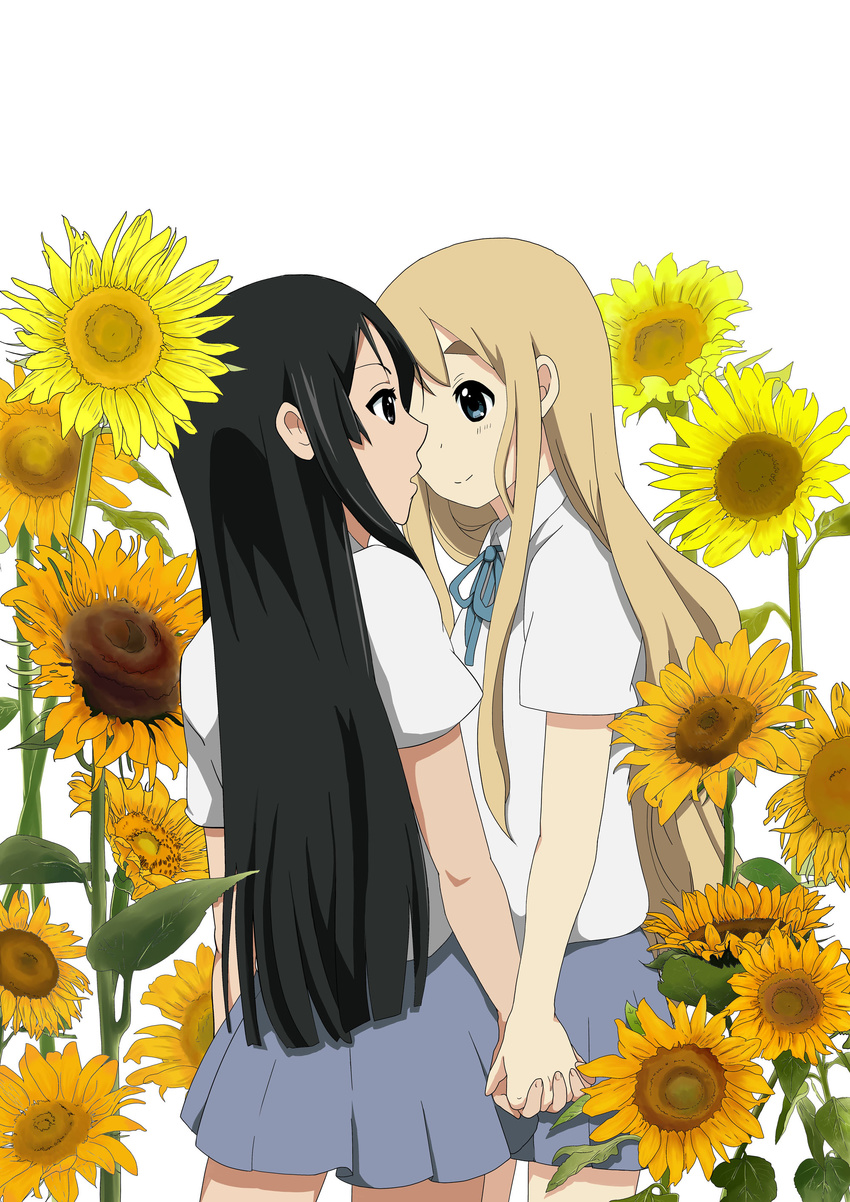 absurdres akiyama_mio black_hair blonde_hair flower highres holding_hands k-on! kotobuki_tsumugi long_hair multiple_girls sunflower yuri