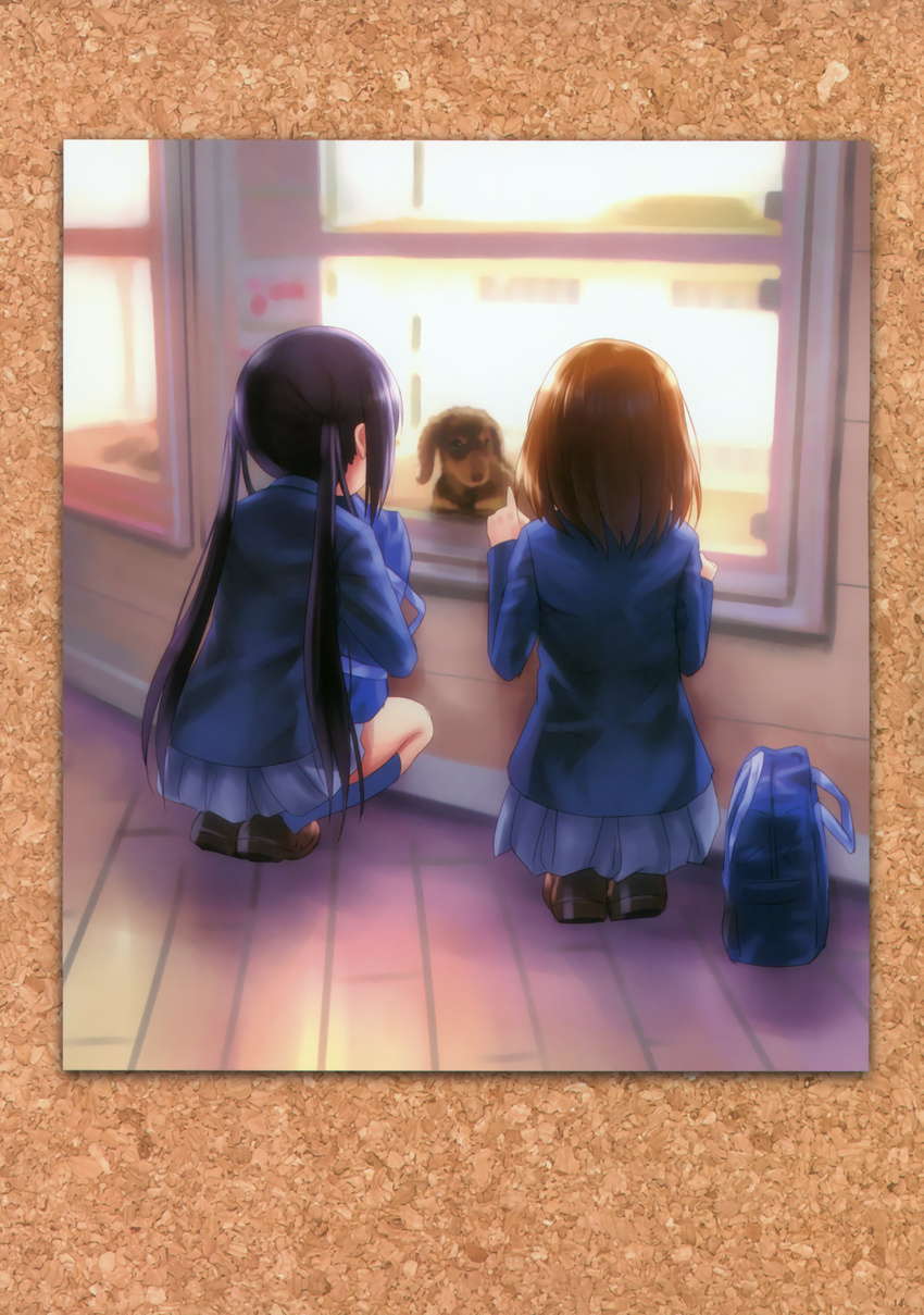 absurdres bag blazer dog from_behind goto_p highres hirasawa_yui image_sample jacket k-on! loafers long_hair multiple_girls nakano_azusa school_bag school_uniform shoes short_hair skirt twintails window yandere_sample