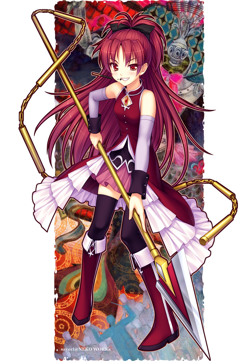 absurdres bad_id bad_pixiv_id bare_shoulders black_legwear boots chain detached_sleeves food foreshortening grin highres long_hair magical_girl mahou_shoujo_madoka_magica oktavia_von_seckendorff pocky polearm ponytail red_eyes red_hair sakura_kyouko sayori smile solo spear thighhighs weapon witch's_labyrinth zettai_ryouiki