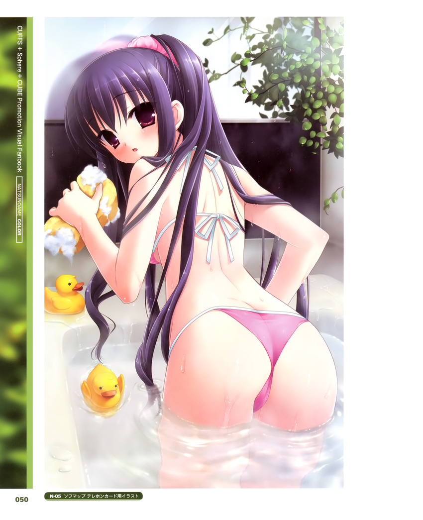 1girl :o absurdres ass bath bikini highres kanekiyo_miwa long_hair looking_back natsu_no_ame partially_submerged purple_eyes purple_hair red_eyes rubber_duck scan segawa_rikako solo sponge string_bikini swimsuit water wet