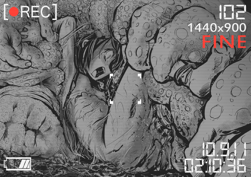 417 bondage camcorder crying flat_chest monochrome monster open_mouth rape recording sex tentacle torn_clothes uncensored virgin