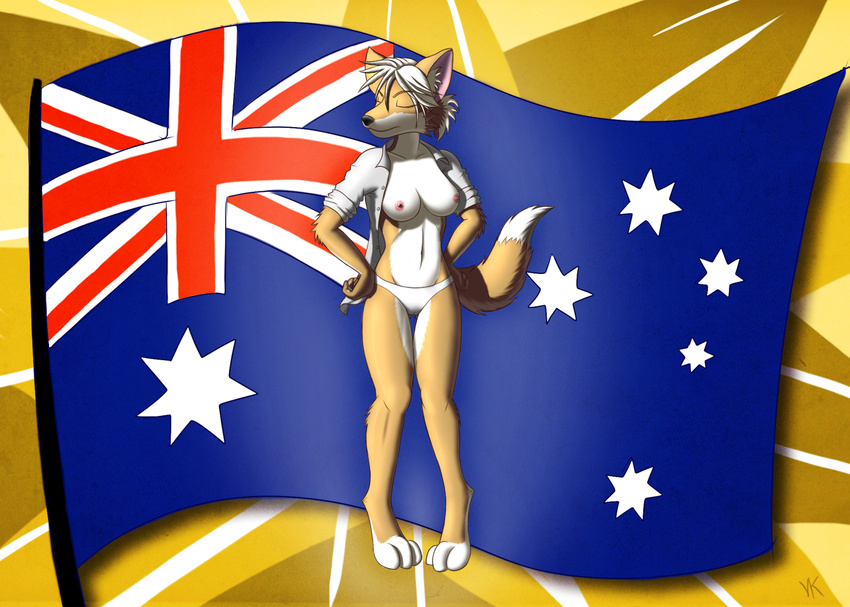 australia australian_flag breasts camel_toe canine clothed clothing commonwealth_blue_ensign dingo dog eyes_closed female flag fox mammal nipples panties skimpy solo southern_cross standing topless underwear volkcreed