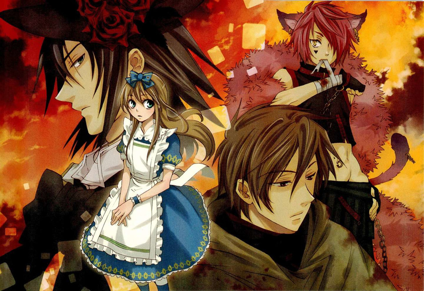 ace_(kuni_no_alice) alice_liddell animal_ears apron artist_request bandages bare_shoulders blood blood_dupre blue_dress blue_eyes boris_airay bow brown_hair cat_ears cat_tail chain cloak cloud collar crop_top dress earrings facial_mark feather_boa fingerless_gloves fish_bone flower gloves green_eyes hair_bow hair_over_one_eye hand_on_hip hat heart_no_kuni_no_alice jewelry long_hair midriff mouth_hold multiple_boys navel_piercing piercing pink_hair profile red_eyes red_flower red_rose rose scan sky sunset tail tail_piercing wrist_cuffs yellow_eyes