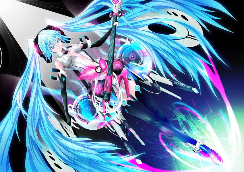 bare_shoulders black_legwear blue_eyes blue_hair colored_eyelashes dutch_angle elbow_gloves electric_guitar eyelashes fingerless_gloves gloves glowing guitar hatsune_miku hatsune_miku_(append) headphones highres instrument long_hair sira-kura solo thighhighs twintails very_long_hair vocaloid vocaloid_append