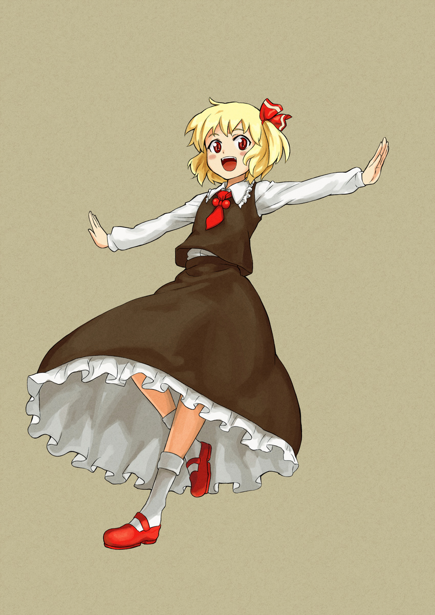 :d absurdres blonde_hair blush fangs hair_ribbon highres open_mouth outstretched_arms red_eyes ribbon rumia shibasaki_shouji short_hair smile solo spread_arms touhou