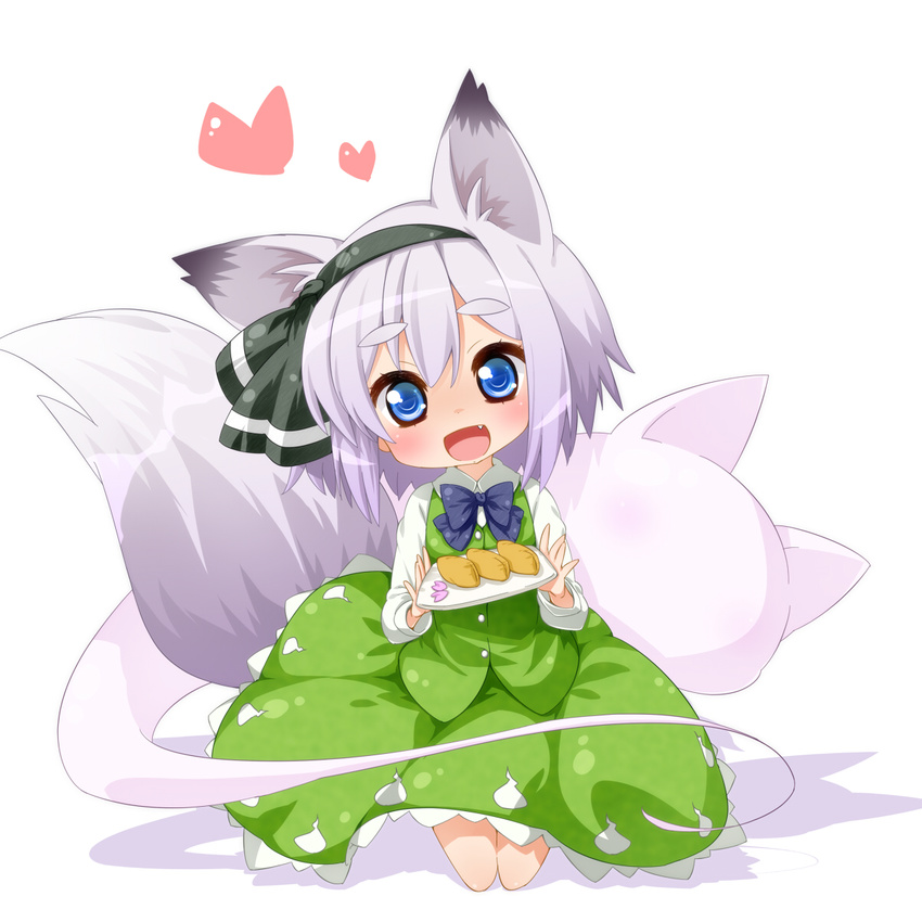 aburaage animal_ears bad_id bad_pixiv_id black_hairband blue_eyes blush chibi eyebrows fang food fox_ears fox_tail ghost hairband heart highres hitodama inarizushi jigatei_(omijin) kemonomimi_mode kneeling konpaku_youmu konpaku_youmu_(ghost) plate short_hair simple_background smile solo sushi tail touhou white_hair