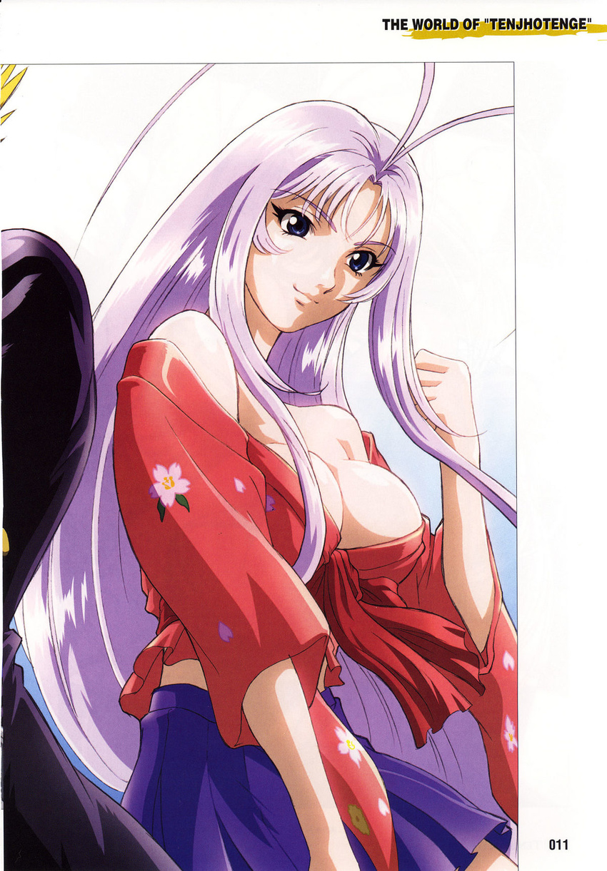 1girl antenna_hair bare_shoulders blue_eyes breasts cleavage curvy highres japanese_clothes kimono large_breasts long_hair looking_at_viewer natsume_maya no_bra official_art oh!_great oogure_ito purple_hair simple_background skirt smile standing tenjou_tenge very_long_hair