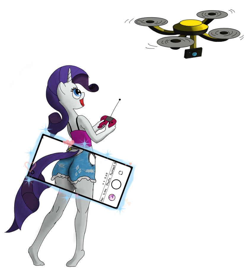 anthro bottomwear butt clothed clothing controller deeposv equid equine female friendship_is_magic hasbro hi_res horse mammal my_little_pony phone pony princess_cadance_(mlp) quadrocopter rarity_(mlp) remote_control shirt shorts taking_photo topwear young