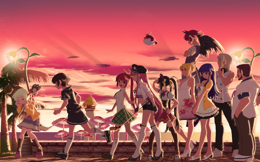 6+girls arin azer bird black_hair black_legwear black_wings blonde_hair blue_eyes blue_hair breasts brown_hair cecilia_(pangya) closed_eyes everyone fingerless_gloves glasses gloves golf golf_club green_eyes hair_bun hair_ribbon hana_(pangya) hand_on_hip hat high_heels highres kamdia kaz kooh lighthouse long_hair lucia_(pangya) max_(pangya) medium_breasts microphone midriff multiple_boys multiple_girls mushroom nell_(pangya) otoko_no_ko pangya pink_hair purple_eyes red_eyes red_hair ribbon shoes short_hair short_shorts shorts silver_hair skirt sky small_breasts socks sunset thighhighs twintails white_legwear wings