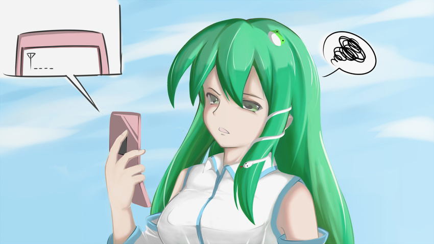 angry bad_id bad_pixiv_id bare_shoulders breasts cellphone detached_sleeves frog green_eyes green_hair hair_ornament kochiya_sanae large_breasts long_hair open_mouth phone shanaharuhi snake solo speech_bubble touhou