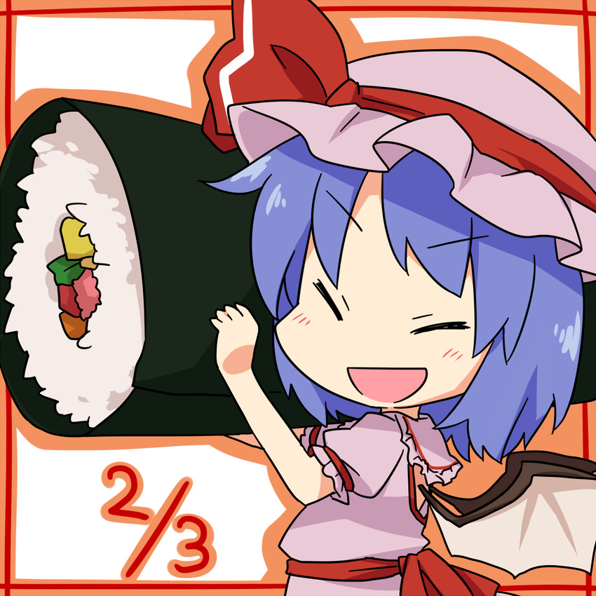 bat_wings blush border chibi commentary_request dated ehoumaki face food happy hat highres makizushi open_mouth pun red_border remilia_scarlet setsubun smile solo sushi touhou wings yamabuki_(yusuraume)