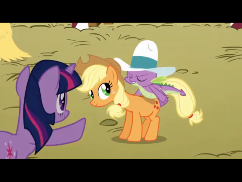 applejack_(mlp) cutie_mark dragon equine female feral freckles friendship_is_magic green_eyes hat hay horn horse image_macro male mammal my_little_pony pony purple_eyes rodeo scalie spike_(mlp) twilight_sparkle_(mlp) unicorn unknown_artist