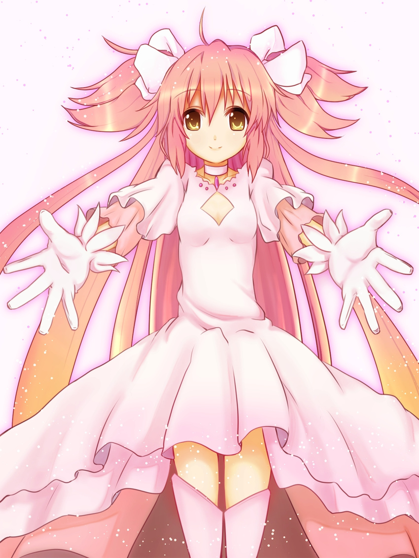 amano_kouki bow cleavage_cutout dress gloves hair_bow highres kaname_madoka long_hair looking_at_viewer magical_girl mahou_shoujo_madoka_magica outstretched_arms outstretched_hand pink_hair sidelocks smile solo spoilers thighhighs two_side_up ultimate_madoka very_long_hair white_gloves yellow_eyes