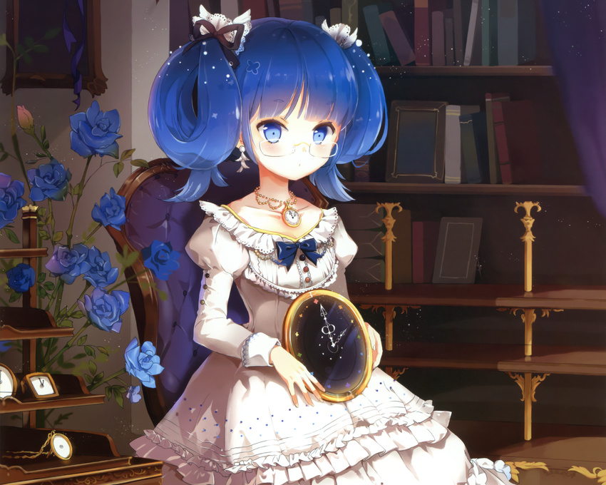 anmi blue_eyes blue_hair dress flowers glasses rose twintails