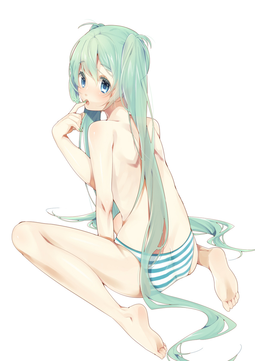 85 aqua_eyes arm_support back barefoot blush error face feet finger_to_mouth full_body green_hair hands hatsune_miku highres lips long_hair looking_back open_mouth panties shoulder_pads simple_background sitting soles solo striped striped_panties toes topless twintails underwear underwear_only very_long_hair vocaloid wariza
