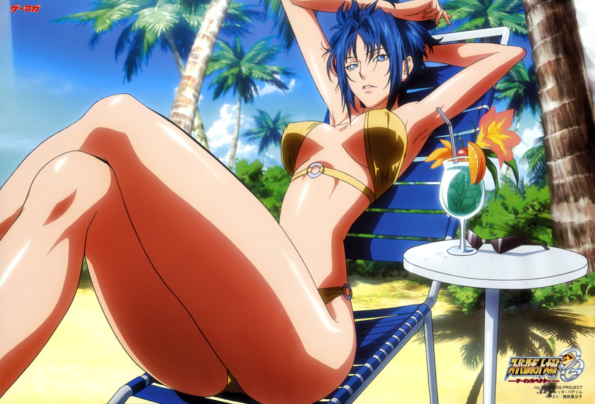 absurdres armpits bikini blue_eyes blue_hair day highres nishida_asako short_hair sky solo super_robot_wars super_robot_wars_og_the_inspector super_robot_wars_original_generation swimsuit viletta_badam