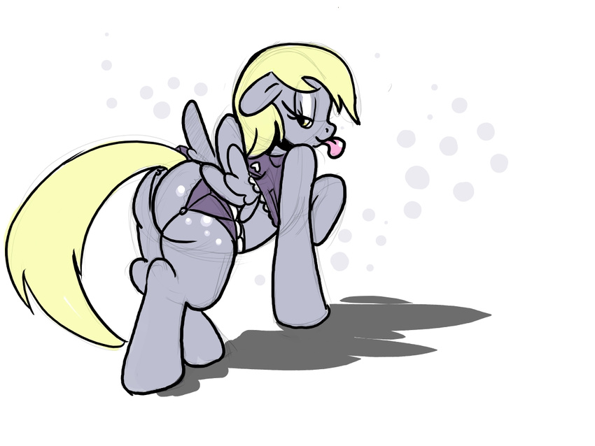 blonde_hair derpy_hooves_(mlp) equine female feral friendship_is_magic grey grey_body hair horse lingerie looking_at_viewer looking_back mammal my_little_pony pegasus pony solo tongue tongue_out underwear unknown_artist wings yellow_eyes
