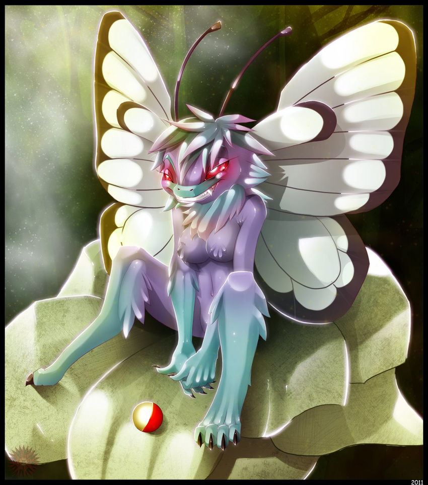 antennae anthro arthropod breasts breasts_tuft butterfly butterfly_wings butterfree chest_tuft claws deymos fangs female fluffy fur glowing glowing_eyes grin hair_tuft half-closed_eyes hand_holding insect looking_at_viewer mane nails nintendo pok&#233;ball pok&#233;mon pok&#233;morph pok&eacute;ball pok&eacute;mon pok&eacute;morph rape_face red_eyes seductive sitting solo tuft video_games voluptuous wings