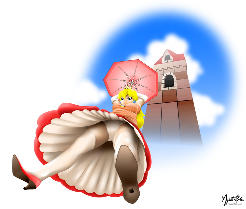 castle crown ear_piercing earring female hair high_heels human mammal mario_bros mysticalpha nintendo not_furry panties panty_shot perspective piercing pov princess princess_peach royalty skirt sky solo umbrella underwear upskirt video_games