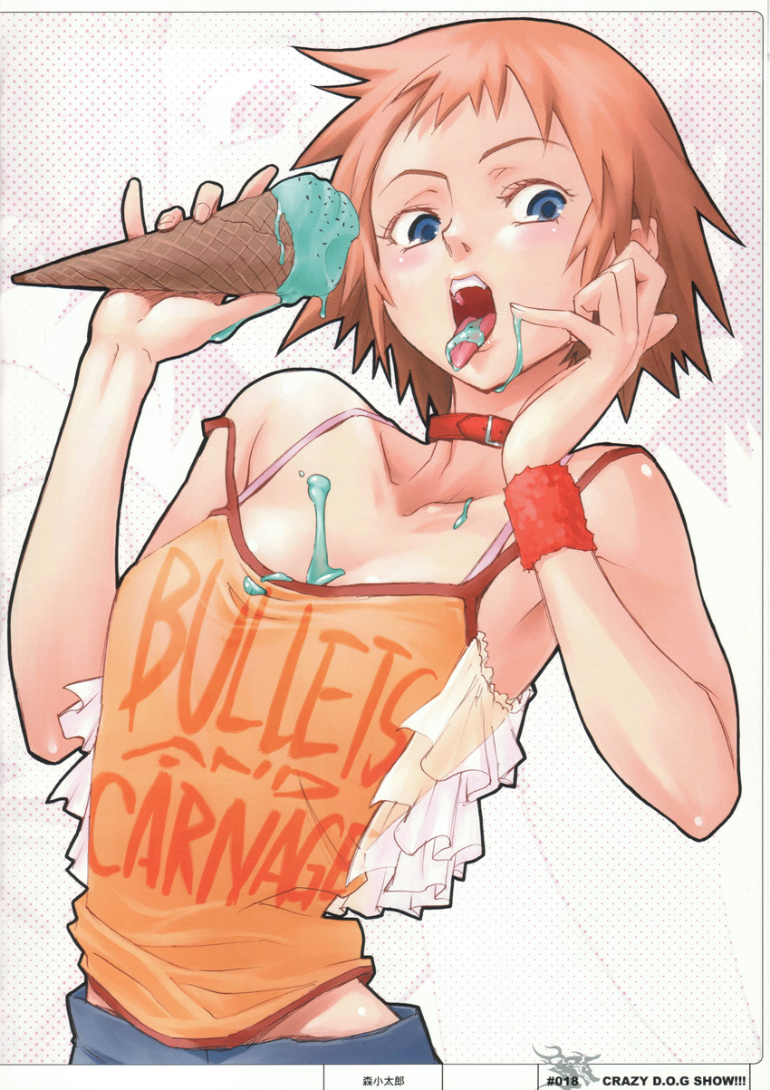 absurdres artbook bare_shoulders blue_eyes blush bra_strap breasts camisole clothes_writing dogs:_bullets_&amp;_carnage dripping eating food highres ice_cream ice_cream_cone licking medium_breasts mimi_(dogs) mori_kotaro off_shoulder open_mouth orange_hair red_hair scan short_hair shorts solo tongue wristband
