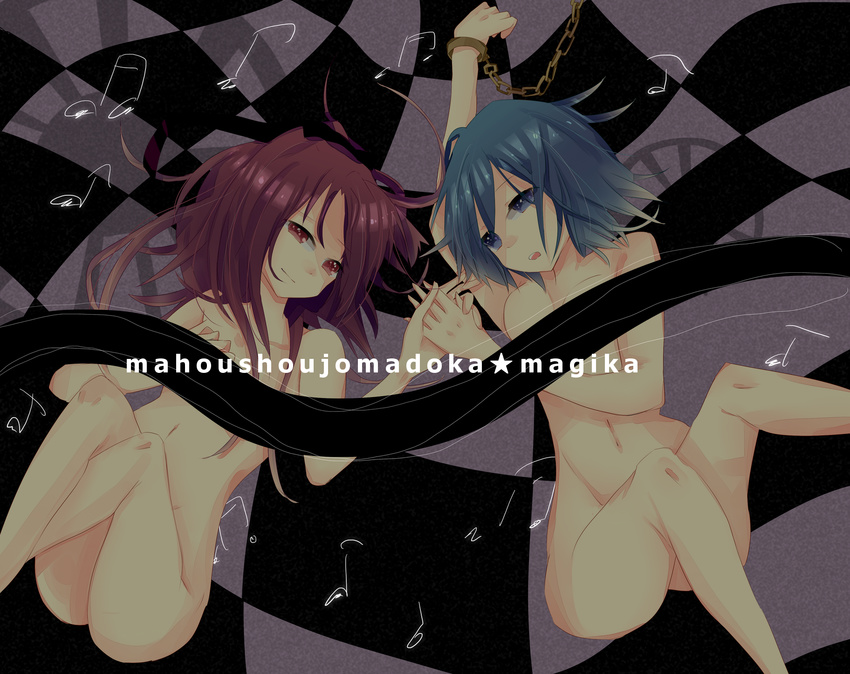 bad_id bad_pixiv_id blue_eyes blue_hair censored chain checkered checkered_floor distortion highres hinoki_(tomatoxxx) holding_hands light_smile long_hair mahou_shoujo_madoka_magica miki_sayaka multiple_girls musical_note nude red_eyes red_hair romaji sakura_kyouko short_hair witch's_labyrinth