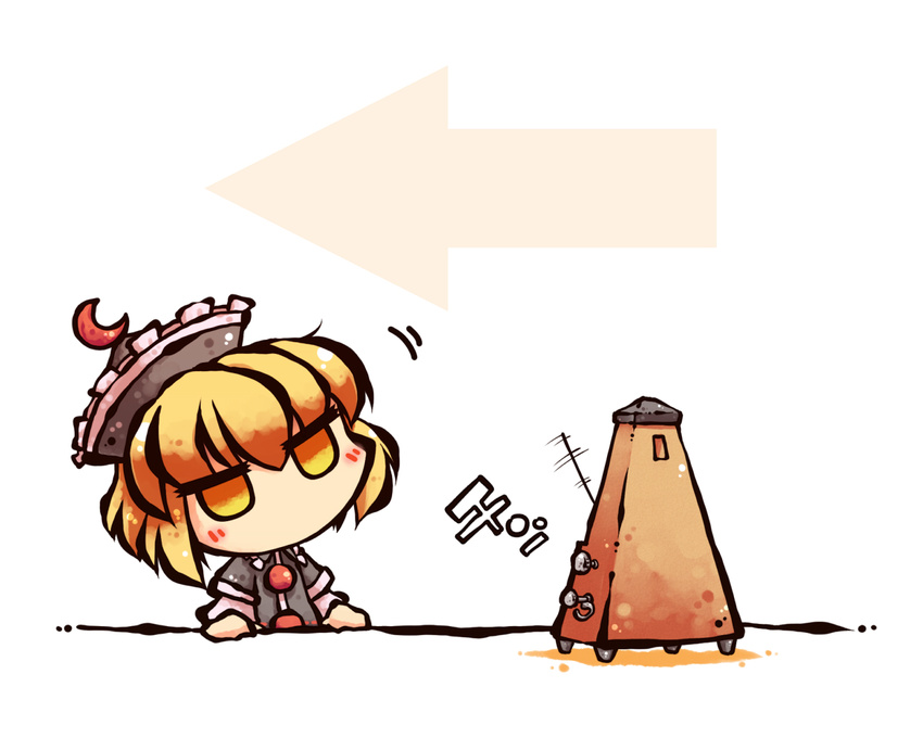 1girl blonde_hair chibi crescent directional_arrow expressionless hat head_tilt jitome lunasa_prismriver metronome motion_lines okome_(kome_kuma) simple_background solo touhou yellow_eyes