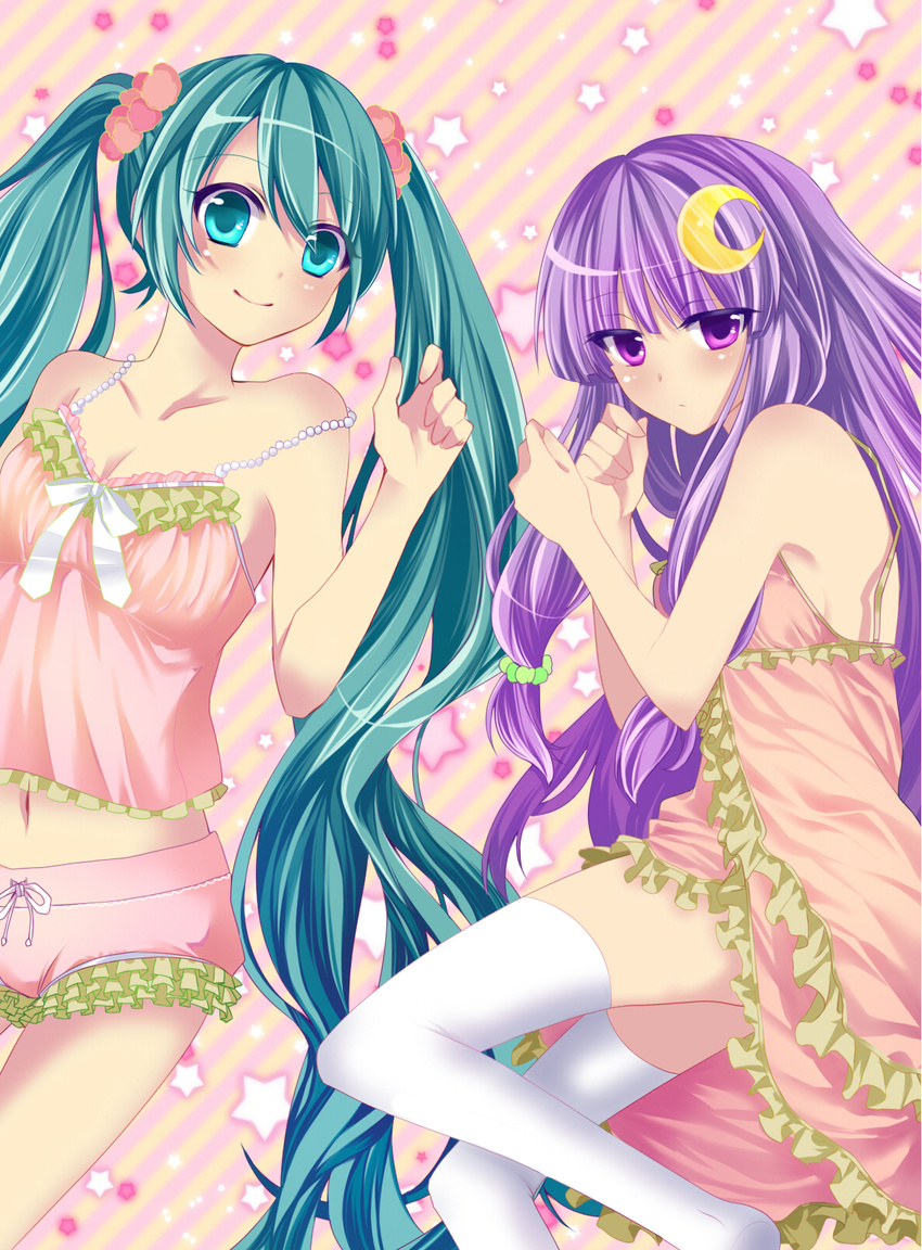 aqua_eyes aqua_hair babydoll bad_id bad_pixiv_id bare_shoulders camisole crescent crescent_hair_ornament crossover hair_ornament hatsune_miku highres long_hair lying mou-nanimo multiple_girls navel patchouli_knowledge purple_eyes purple_hair smile strap_slip thighhighs touhou twintails very_long_hair vocaloid