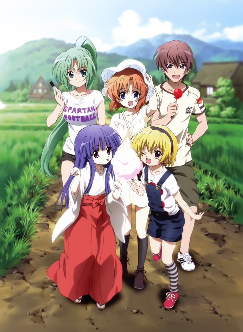 4girls absurdres alternate_costume blonde_hair bucket_hat candy_apple casual cotton_candy food friends furude_rika hat highres higurashi_no_naku_koro_ni houjou_satoko japanese_clothes maebara_keiichi marker miko multiple_girls official_art one_eye_closed paw_pose ryuuguu_rena sakai_kyuuta socks sonozaki_mion striped striped_legwear summer sweets tongue