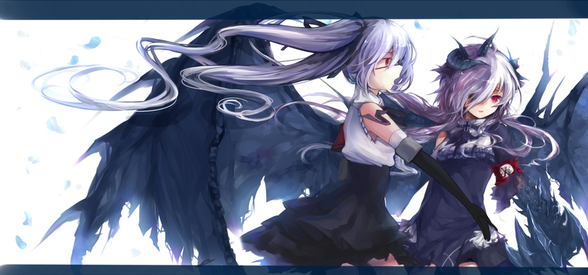 armband claws dress elbow_gloves eyepatch fang gloves hair_over_one_eye horns imi_fumei long_hair multiple_girls pixiv_fantasia pixiv_fantasia_5 red_eyes silver_hair twintails very_long_hair wings