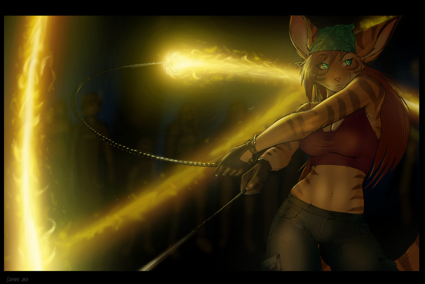 2009 cat chains dancing feline female fire fire_poi gloves green_eyes meph midriff poi red_hair solo strype thigh_gap
