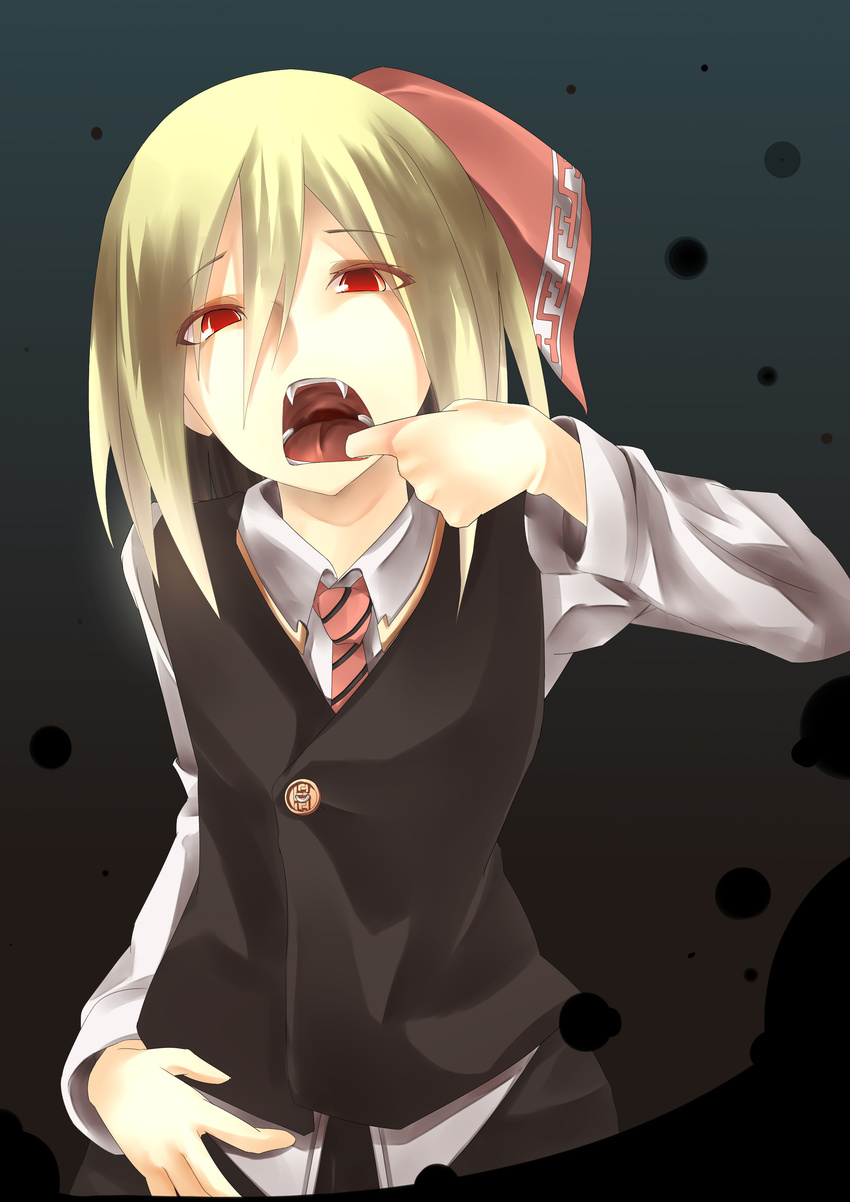 absurdres blonde_hair fangs finger_in_mouth hair_ribbon hands highres jimi mouth_pull open_mouth red_eyes ribbon rumia short_hair solo touhou