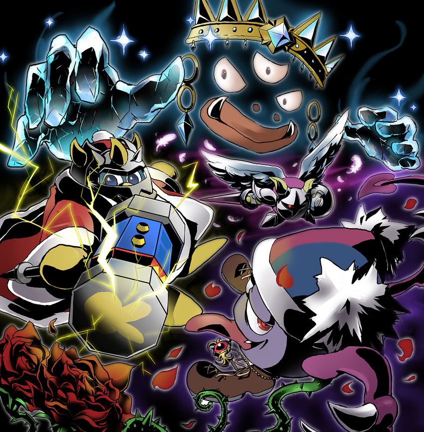 crown diamond fangs flower galacta_knight hammer hat highres jester_cap jester_hat jewelry king_dedede kirby kirby_(series) lance lewelery marx marx_soul mask masked_dedede nintendo polearm rose shield smile weapon wham_bam_jewel