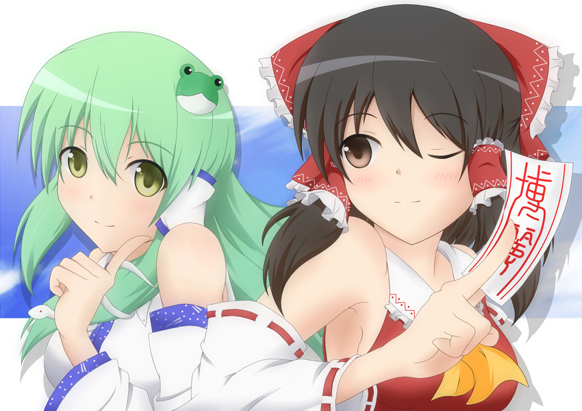 armpits ascot blush bow breasts brown_eyes brown_hair detached_sleeves frog green_eyes green_hair hair_bow hair_ornament hair_tubes hakurei_reimu highres kochiya_hizuki kochiya_sanae long_hair medium_breasts multiple_girls ofuda one_eye_closed short_hair sideboob smile snake touhou upper_body