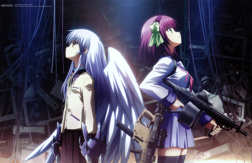 angel_beats! gun hirata_katsuzou long_hair nakamura_yuri purple_hair scan seifuku skirt tachibana_kanade thighhighs weapon white_hair wings zettai_ryouiki