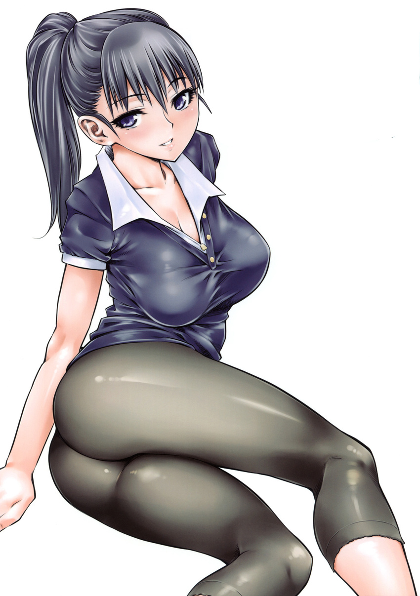 ass blue_eyes clover_(artist) highres shiny shirt simple_background skin_tight smile