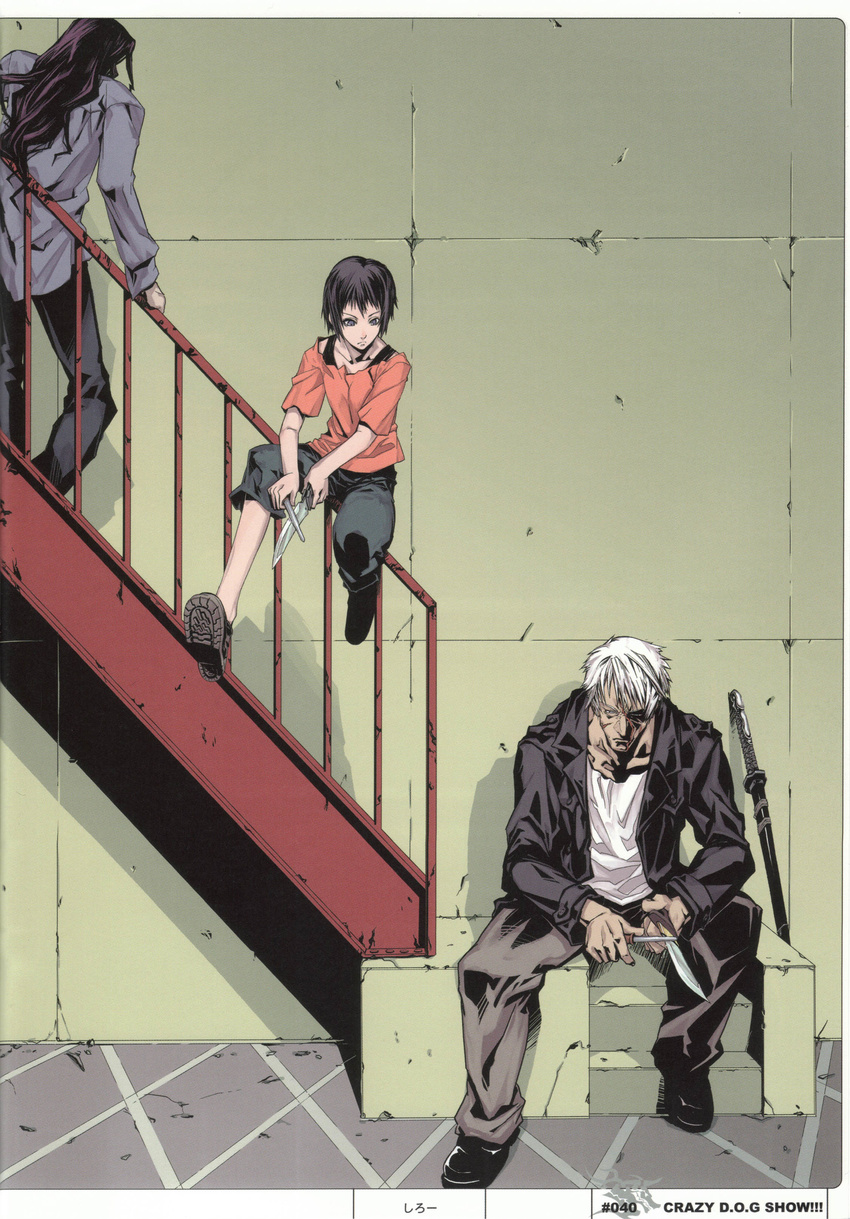 2boys absurdres black_hair blue_eyes capri_pants dogs:_bullets_&amp;_carnage fuyumine_naoto highres long_hair magato male_focus multiple_boys pants scan shiroo stairs white_hair younger