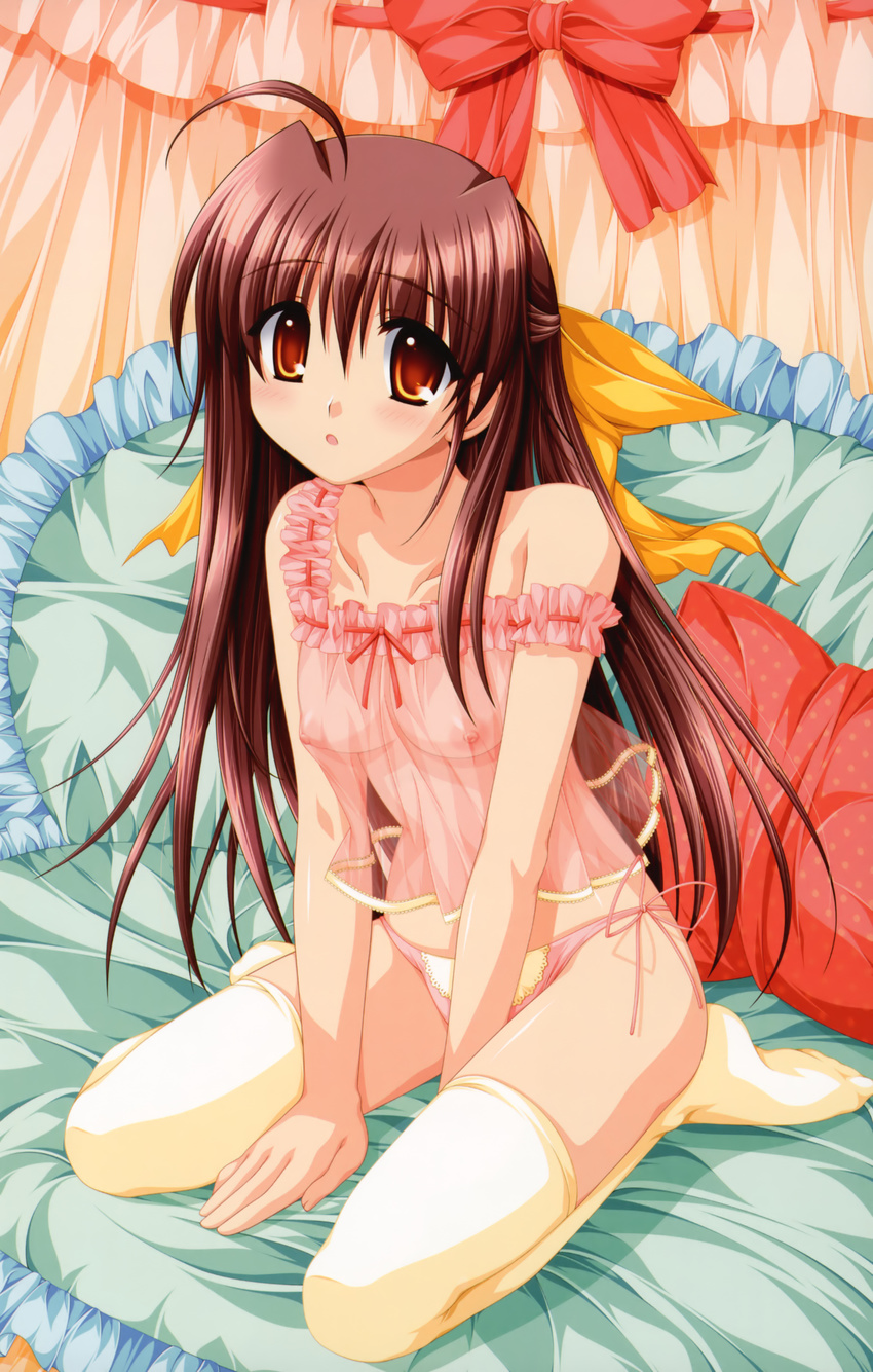 absurdres alpha_(yukai_na_nakamatachi) babydoll blush breasts cleavage half_updo highres hinata_natsumi_(sharin_no_kuni) long_hair nipples no_bra off_shoulder panties pillow see-through sharin_no_kuni_himawari_no_shoujo side-tie_panties sitting small_breasts solo strap_slip underwear wariza