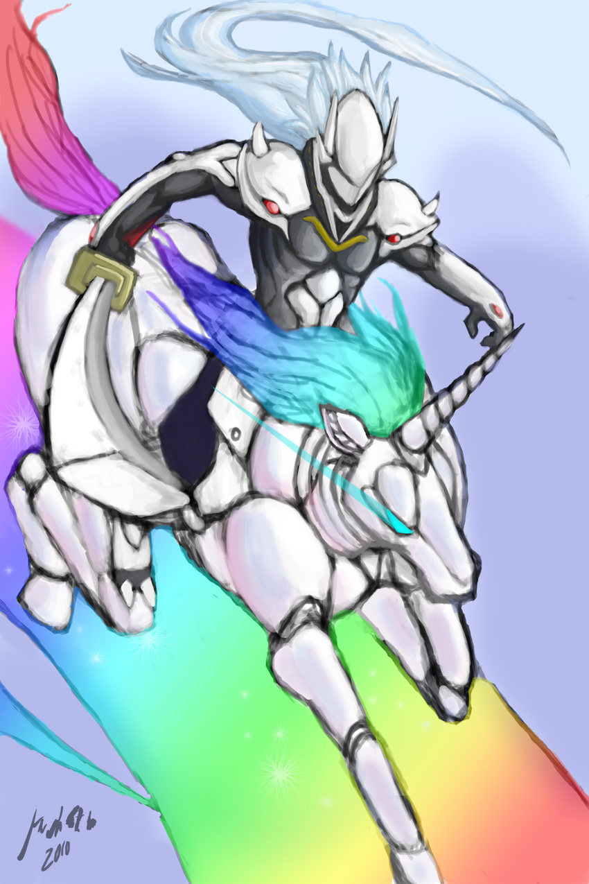 a4que armor blazblue crossover full_armor glowing glowing_eyes hakumen highres horn long_hair multicolored_hair rainbow riding robot robot_unicorn_attack silver_hair sword unicorn weapon