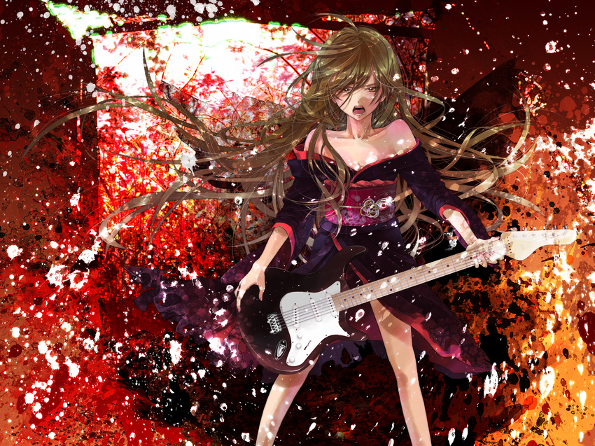 ahoge bad_id bad_pixiv_id bare_shoulders blonde_hair breasts character_request cleavage copyright_request electric_guitar guitar highres instrument long_hair off_shoulder open_mouth small_breasts solo tengaku_(vocaloid) vocaloid yukiko_(tesseract)