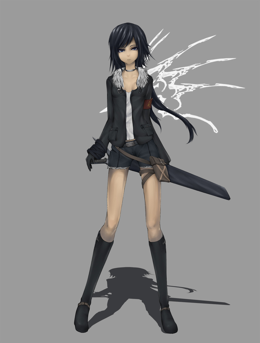 bad_id bad_pixiv_id banned_artist belt black_hair blue_eyes boots breasts highres jacket jewelry knee_boots kyoeiki necklace original sheath sheathed short_hair shorts small_breasts solo sword weapon